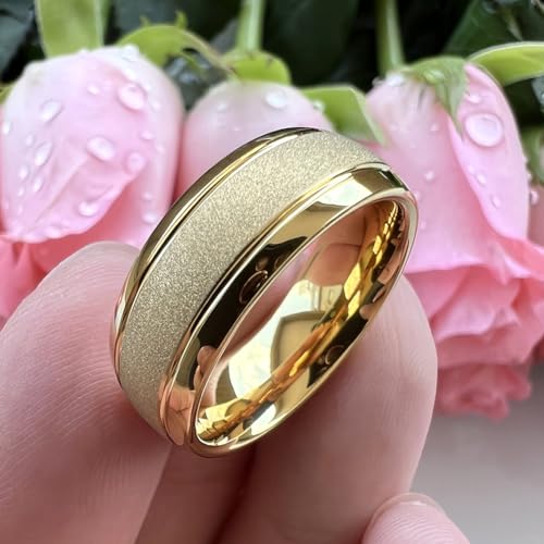 TUTISS 6mm 8mm Black/Gold/Rose Gold/White Tungsten Rings for Men Women Fashion Engagement Wedding Bands Sandblasted Finish I Love You Engraved Comfort Fit - color: 8mm Gold Tungsten I Love You
