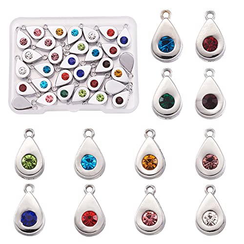 Cheriswelry 48Pcs Teardrop Alloy Glass Rhinestone Charms Colorful Birthstone Pendants Water Drop Dangle Charms for DIY Necklace Earring Bracelet Jewelry Making Handmade Crafts - color: 12 Colors*2