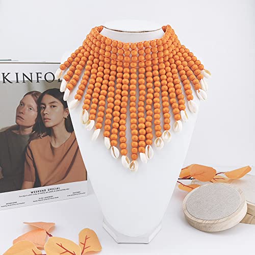 Coiris Boho African Wooden or Acrylic Beaded Bib Statement Necklace Strands Layered Cluster Chunky Collar Choker Wood Necklace for Women Fashion Costume Jewelry - color: N0065-Orange+Shell