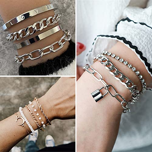 IFKM 36 PCS Silver Plated Jewelry Set with 3 PCS Necklace, 12 PCS Bracelet, 7 PCS Ear Cuffs Earring, 14 Pcs Knuckle Rings for Women Valentine Anniversary Birthday Friendship Gift - color: 36 Pcs Silver