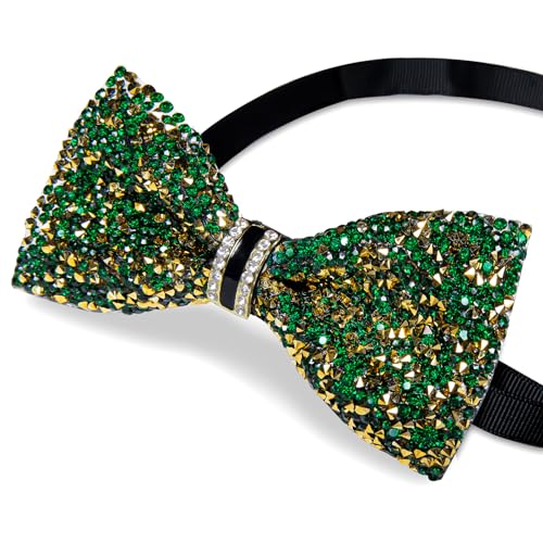 DiBanGu Mens Rhinestone Bow Tie with Ring and Lapel Pin Set | Adjustable Strap,Pre-tied Style,3PCS,Sequin Diamond Bowties，Solid/Mix Color,Shiny Accessory,for Party Prom Banquet Wedding - color: Green and Yellow