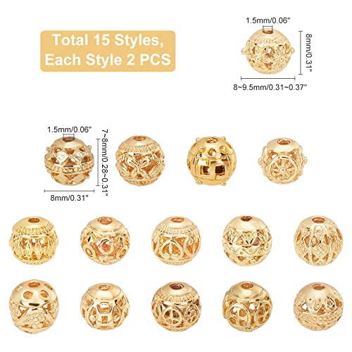 PH PandaHall 18K Gold Plated 8mm Round Spacer Beads 30pcs Hollow Loose Bead | 15 Styles, Tibetan Style, Alloy Ball Charm, for Bracelet Earring Necklace Jewelry Making,1.5~2mm Hole - size: 8mm