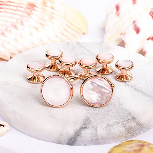 HAWSON Cufflinks and Tuxedo Studs Set for Men with Gift Box, Mother-of-Pearl Cuff links for French Cuff Shirt and Dress Shirt, Suitable for Wedding, Birthday, Party - style: Rose Gold & Pink Mother of Pearl
