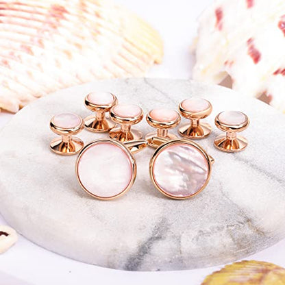 HAWSON Cufflinks and Tuxedo Studs Set for Men with Gift Box, Mother-of-Pearl Cuff links for French Cuff Shirt and Dress Shirt, Suitable for Wedding, Birthday, Party - style: Rose Gold & Pink Mother of Pearl