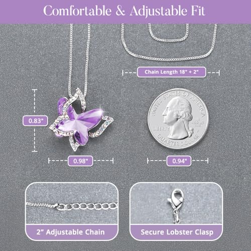 Butterfly Necklace, Birthstone Crystal, for Women, Silver Tone Pendant Jewelry, Anniversary Birthday Gift for Her, Wife & Mom, 18"+2" - color: 06-June Birthstone - Alexandrite Light Purple Crystal