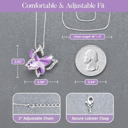 Butterfly Necklace, Birthstone Crystal, for Women, Silver Tone Pendant Jewelry, Anniversary Birthday Gift for Her, Wife & Mom, 18"+2" - color: 06-June Birthstone - Alexandrite Light Purple Crystal