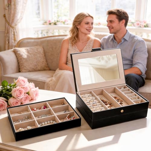 Stackable Jewelry Organizer Trays, 3-Layer jewelry drawer organizer, Perfect for Women and Girls to Store Necklaces, Rings, Bracelets, Earrings, Watches with Removable Dividers for Dresser & Vanity