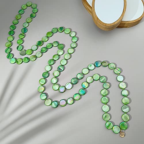 Firstmeet Flat Round Coin Shell Beads Long Knotted Necklace Natural Mother of Pearl Handmade Jewelry For Women - color: Green AB