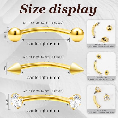 9PCS Gold Eyebrow Piercing Jewelry Titanium, Rook Jewelry Gold Surgical Steel Silver Eyebrow Rings for Women Men CZ Tiny Labret Lip Daith Navel Belly Button Helix Tragus Piercing Jewelry 16G 6mm/8mm/10mm - style: Eyebrow-6mm-9pcs