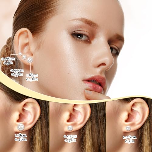 24 Pairs Pearl Studs Earrings for Women, Faux Simulated Pearl Earrings 4 Mixed Sizes Round Ball Pearls Stud Earring Set - color: Beige