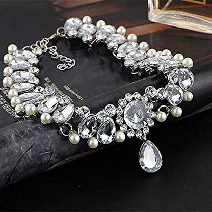 Bohemia Rhinestone Crystal Necklace Pearl Choker Wedding Jewelry Bridal Diamond Pendant for Women - color: Silver