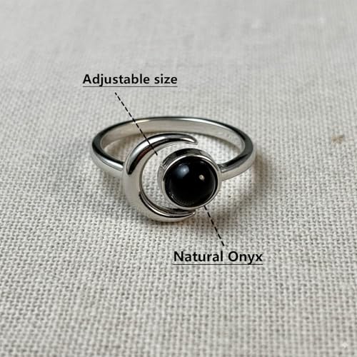 Sun and Moon Ring, Adjustable Natural Stone Rings for Women & Men, Boho Celestial Jewelry for Daily Wear - color: Black Onyx
