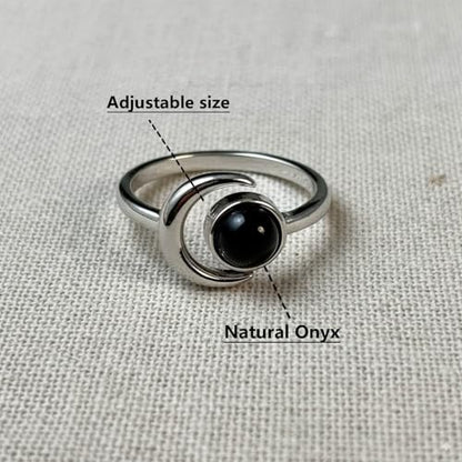 Sun and Moon Ring, Adjustable Natural Stone Rings for Women & Men, Boho Celestial Jewelry for Daily Wear - color: Black Onyx