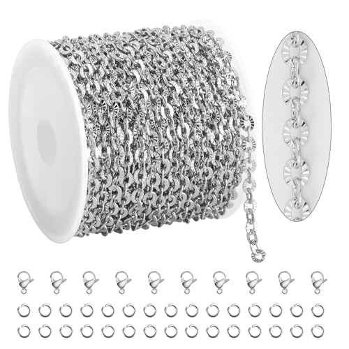 KYUNHOO 5M Flower Circle Chain Roll Silver Jewelry Chains for Necklace DIY | 304 Stainless Steel Chains Bulk Embossed Cable Link Sunflower Chain for Crafts Making - color: Oval Silver