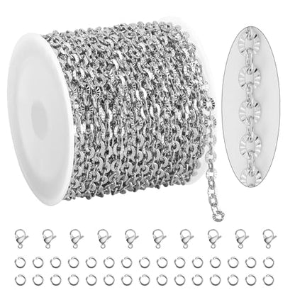 KYUNHOO 5M Flower Circle Chain Roll Silver Jewelry Chains for Necklace DIY | 304 Stainless Steel Chains Bulk Embossed Cable Link Sunflower Chain for Crafts Making - color: Oval Silver
