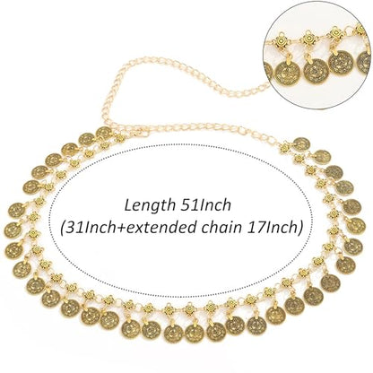 Women Waist Chain Gold Coin Belt Body Chain Metal Link Multilayer Pendant Waist Belt for Prom Party Festival