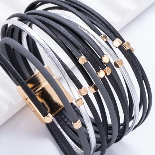 Stackable Beaded Leather Wrap Bracelet Boho Western Country Beach Jewelry | Layered Bead Stack Multi Strand Magnetic Clasp Cuff Bangle Bohemian Hippie Cowgirl Fashion Summer Vacation Outfits for Women - color: Black