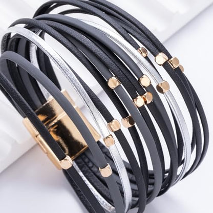 Stackable Beaded Leather Wrap Bracelet Boho Western Country Beach Jewelry | Layered Bead Stack Multi Strand Magnetic Clasp Cuff Bangle Bohemian Hippie Cowgirl Fashion Summer Vacation Outfits for Women - color: Black
