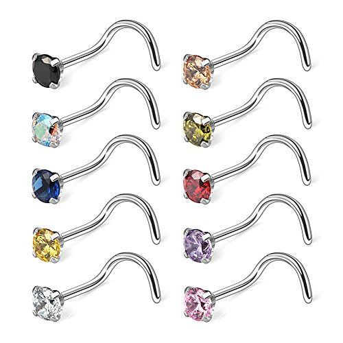 10-30PCS 18G Surgical Steel Mix Color Diamond CZ Nose Stud Rings Screw Piercing Jewelry 1.5mm 2mm 2.5mm 3mm - style: 10PCS - 3mm CZ