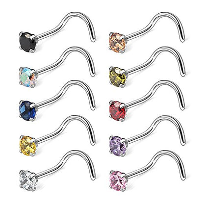 10-30PCS 18G Surgical Steel Mix Color Diamond CZ Nose Stud Rings Screw Piercing Jewelry 1.5mm 2mm 2.5mm 3mm - style: 10PCS - 3mm CZ