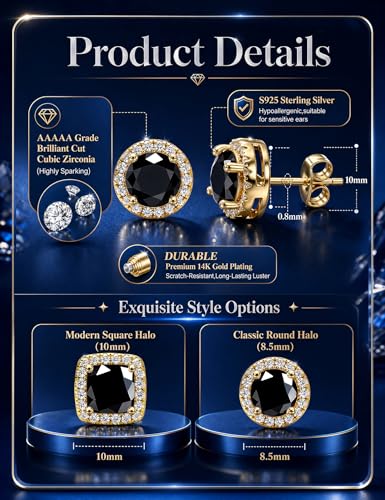 2 Pairs S925 Sterling Silver Stud Earrings for Women Halo Cubic Zirconia | 14K Gold Plated Hypoallergenic Non Tarnish Round Square Silver Stud Earring for Women Men Dainty Trendy Jewelry - style: Gold-Black Stone