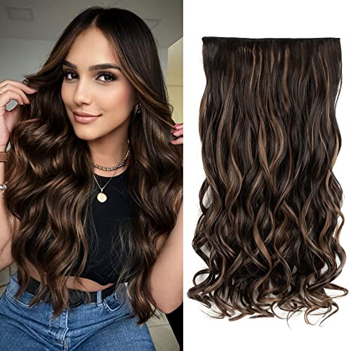 REECHO 20" 1-pack 3/4 Full Head Curly Wave Clips in on Synthetic Hair Extensions HE008 Hair pieces for Women 5 Clips 4.5 Oz Per Piece - Chocolate Brown with Highlights - color: Chocolate Brown with Highlights, size: 20 Inch (Pack of 1)