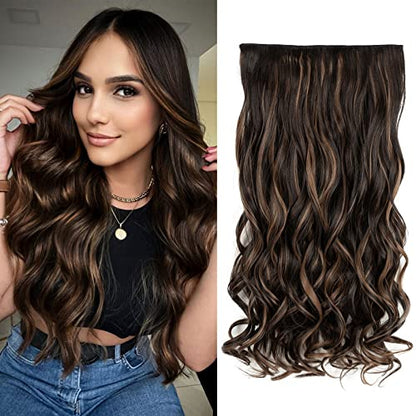 REECHO 20" 1-pack 3/4 Full Head Curly Wave Clips in on Synthetic Hair Extensions HE008 Hair pieces for Women 5 Clips 4.5 Oz Per Piece - Chocolate Brown with Highlights - color: Chocolate Brown with Highlights, size: 20 Inch (Pack of 1)