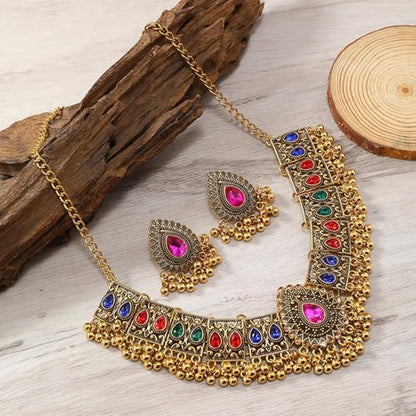 Frodete Indian Jewelry Sets for Women Traditional Bohemian Wedding Jewelry Set Indian Dresses for Women Oxidized Ethnic Party Prom Wear - color: B2:pink indian necklace earring sets