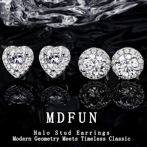 MDFUN Halo Stud Earrings 18K Gold Plated Round/Square/Heart/Teardrop Cubic Zirconia Earrings Set for Women - color: A-Round/Heart