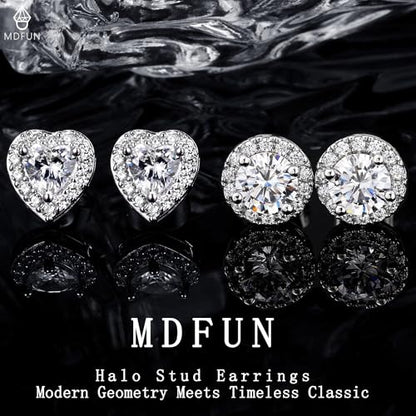 MDFUN Halo Stud Earrings 18K Gold Plated Round/Square/Heart/Teardrop Cubic Zirconia Earrings Set for Women - color: A-Round/Heart