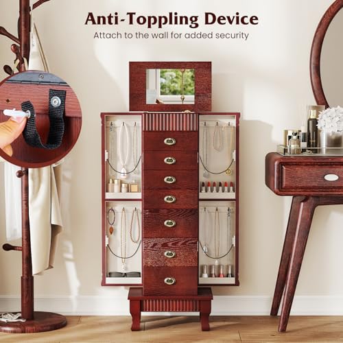 Giantex Standing Jewelry Cabinet with 7 Drawers, Flip-Top Mirror, 2 Side Doors with 12 Necklace Hooks, Divided Ring Compartments, Velvet-Lined Jewelry Armoire Organizer Chest (Cherry) - color: Cherry