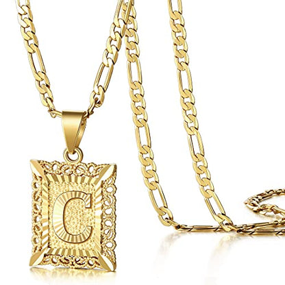 KissYan Initial Letter Pendant Necklace for Men Women, 14K Gold Plated Square Capital Monogram Necklace Alphabets from A-Z Figaro Chain Jewelry | 14K Gold Filled/White Gold Plated, Square Letter Capital Monogram Pendant with 20''+2'' Figaro Chain, Alphabe
