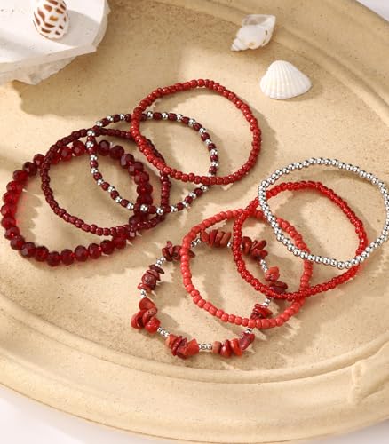 Noessla Boho Beaded Bracelets for Women Stackable Irregular Natural Stone Bead Stretch Bracelet Set 8PCS Costume Jewelry Gifts for Her - color: Red