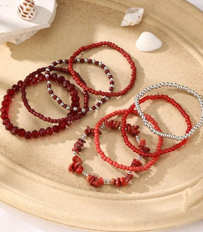 Noessla Boho Beaded Bracelets for Women Stackable Irregular Natural Stone Bead Stretch Bracelet Set 8PCS Costume Jewelry Gifts for Her - color: Red