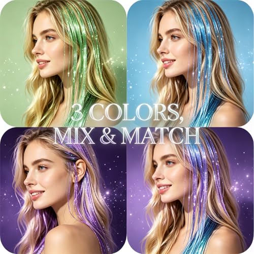 CELINABELLA Clip In Hair Tinsel 12 Pack 3 Colors Emerald Aqua Midnight Orchid 23 Inch 70 Strands Heat Resistant 320°F Invisible Light Brown Clips For Women Teens Party Festival Daily Hairstyles - color: Blue-Green-Purple