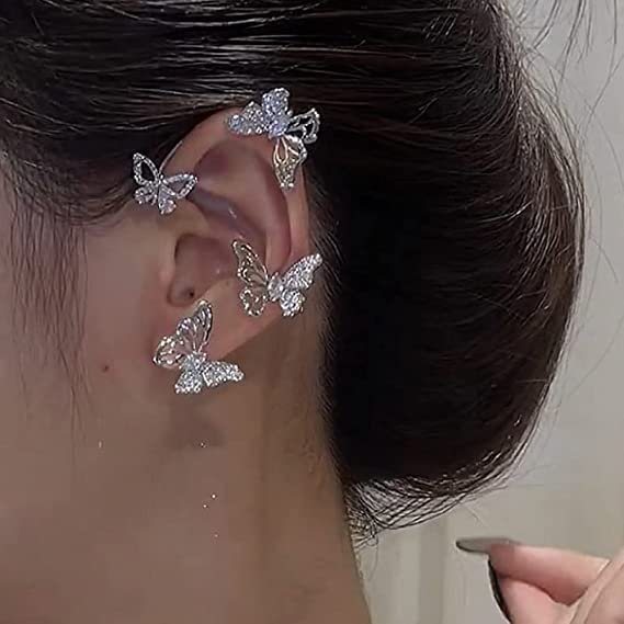 BETHYNAS Glitter Rhinestone Butterfly Flower Ear Cuff Sparkly Non-Pierced Crystal Tassel Fake Earrings Climber Lady Ear Wrap Bridal Party Ear Jewelry for Women and Girls - color: Silver Hollow Butterfly