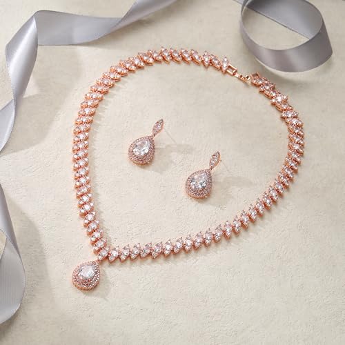EVER FAITH CZ Marquise Leaf Teardrop Wedding Prom Jewelry Set for Women | Birthstone Pendant Necklace Dangle Earrings - color: Clear Rose Gold