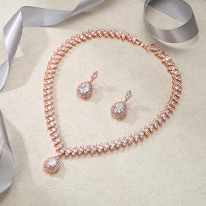 EVER FAITH CZ Marquise Leaf Teardrop Wedding Prom Jewelry Set for Women | Birthstone Pendant Necklace Dangle Earrings - color: Clear Rose Gold