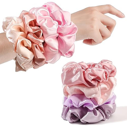 Satin Hair Scrunchies for Women's Thick Curly Hair - Big Ponytail Holders and Hair Ties for Girls, Cute No Crease No Damage Pony Tails - color: Pink