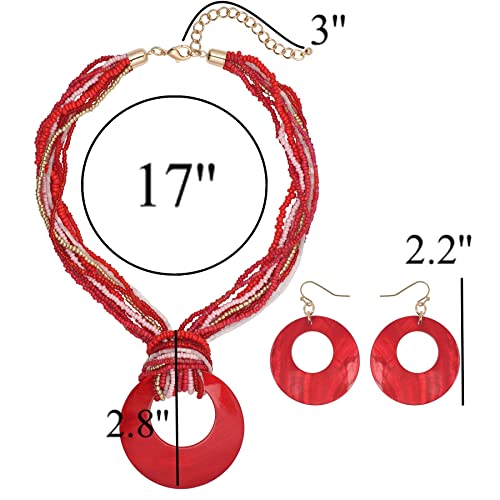 Coiris Multi Strand Statement Colorful Beaded Necklace with Big Circle Shell Pendant for Women - color: Red