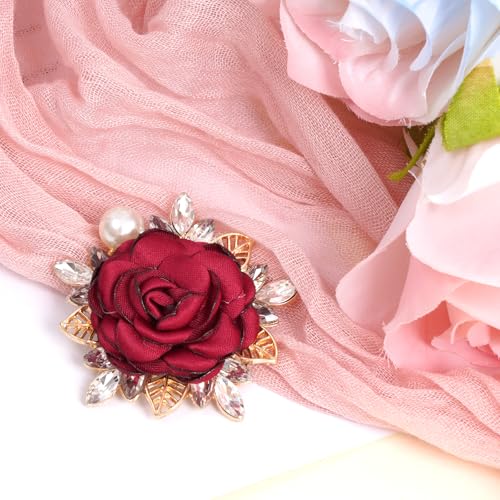 Rose Flower Brooch 1.97In Satin Pearl Crystal Flower Brooch for Women Wedding Dress Suit Hat Accessories Gift - color: red