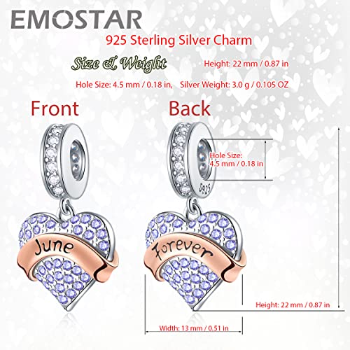 EMOSTAR Jan-Dec Birthstone Charms fits European Birthday Bracelet, Dangle 925 Sterling Silver Heart Shaped Pendant with 12 Months Birthstones, Gifts for Mom/Women - color: June Birthstone