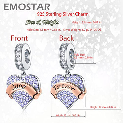 EMOSTAR Jan-Dec Birthstone Charms fits European Birthday Bracelet, Dangle 925 Sterling Silver Heart Shaped Pendant with 12 Months Birthstones, Gifts for Mom/Women - color: June Birthstone