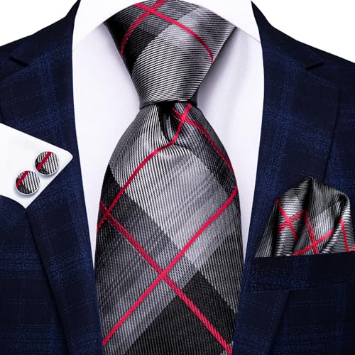 Hi-Tie Men 63inches Tie Set Extra Long Necktie Paisley Tie Pocket Suqare Cufflinks Big and Tall Men Tie - color: Black Red