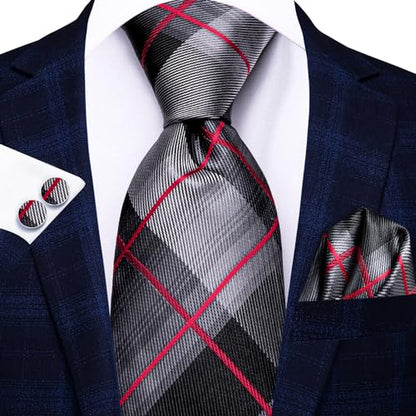Hi-Tie Men 63inches Tie Set Extra Long Necktie Paisley Tie Pocket Suqare Cufflinks Big and Tall Men Tie - color: Black Red