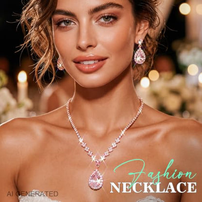 JAKAWIN Clip On Earrings and Necklace Set Silver Rhinestone Jewelry Sets - color: 4 Rose Gold