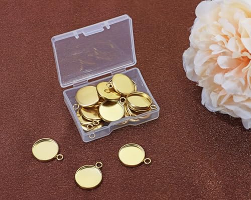 Shapenty Gold Stainless Steel Round Bezel Blanks Pendant Trays for Earrings Bracelet Necklace Keychain DIY Craft Resin Glass Cabochon Jewelry Making Projects Christmas Gift Hanging Charms, 20PCS - size: 14mm
