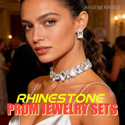ACEDRE Rhinestone Necklace Earrings Set Silver Costume Jewelry for Women | Sparkly Large Diamond Choker Sets Prom Wedding Bridal Necklaces 2Pcs
