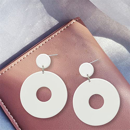 Unique Minimalist 80s 90s Boho Black White Huge Acrylic Hollow Round Dangle Drop Earrings Hypoallergenic Resin Geometric Stud Earrings for Women Summer Holiday Party Jewelry (White)
