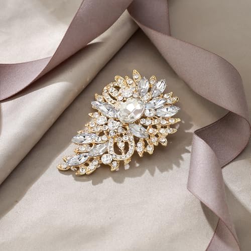 EVER FAITH Women's Austrian Crystal Wedding Flower Leaf Bouquet Brooch - color: Clear Gold-Plated-Base